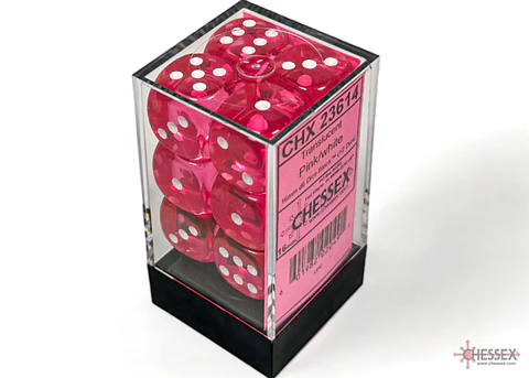Chessex Dice Block – Translucent Pink/White 16mm D6 (12 Dados)