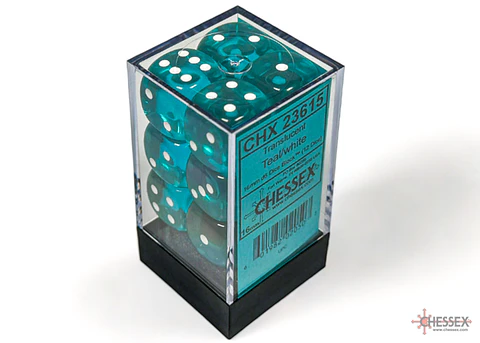 Chessex Dice Block – Translucent Teal/White 16mm D6 (12 Dados)
