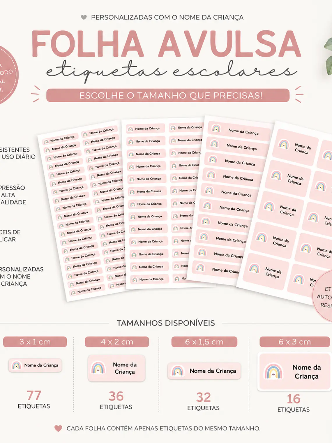 Folha Avulsa de Etiquetas Escolares Personalizadas 2