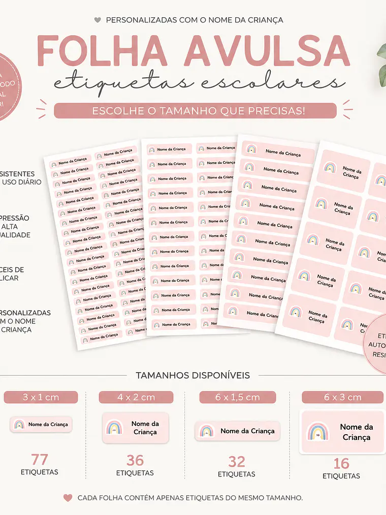 Folha Avulsa de Etiquetas Escolares Personalizadas 2