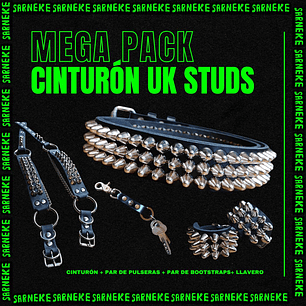 Mega Pack Cinturón Uk studs  + Bootstraps + llavero + Pulseras