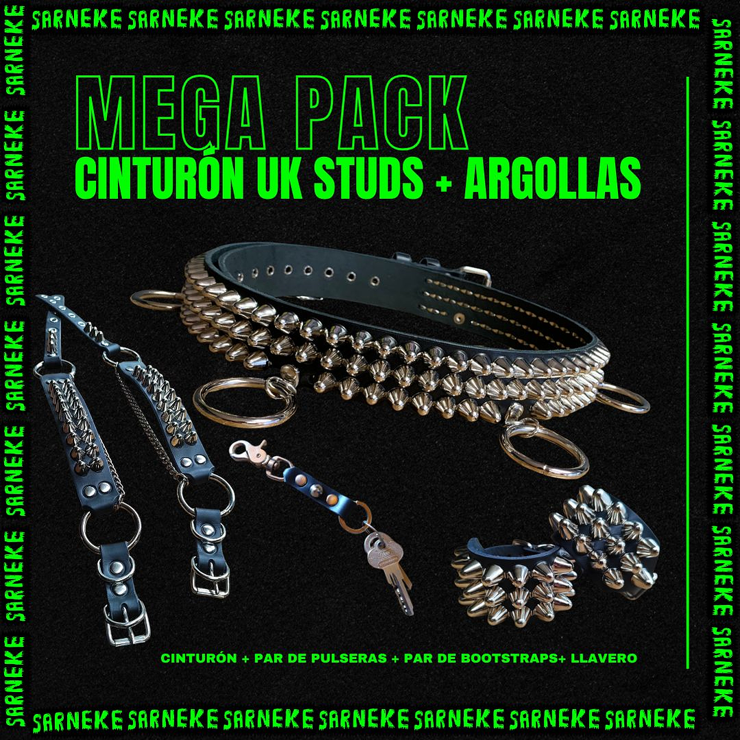 Mega Pack Cinturón Uk studs con argollas + Bootstraps + Pulseras + Llavero 1