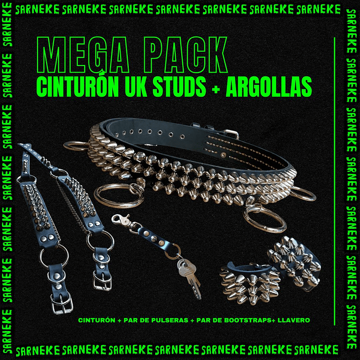 Mega Pack Cinturón Uk studs con argollas + Bootstraps + Pulseras + Llavero 1