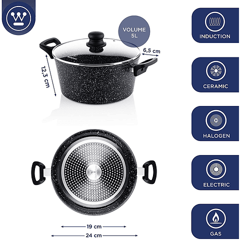 Westinghouse Cacerola Antiadherente de Mármol Negro 24 cm (WCCC0009024MBB)