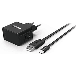 Cargador USB Philips Wall Charger DLP2502L CON CABLE PARA IPHONE  15 watts Bivolt 3.1A – Negro