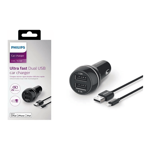 CARGADOR AUTO PHILIPS DOBLE USB + CABLE LIGHTING DLP2553U