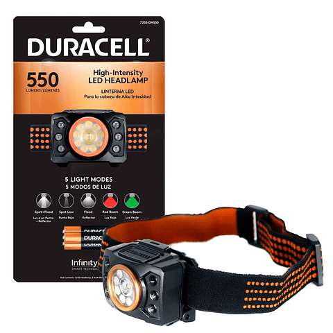 LINTERNA MANOS LIBRES DURACELL 550 LUMEN 3 MODOS +3AAA DH550