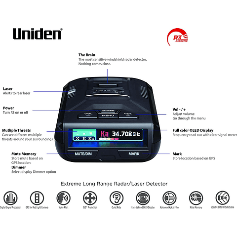 DETECTORES DE RADAR UNIDEN R3 RADAR DE LARGO ALCANCE