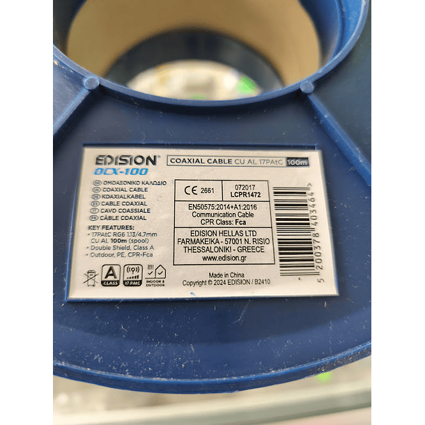 Cabo COAXIAL RG6 Edision OCX-100 CU AL Fca PE Preto 100 mts 3