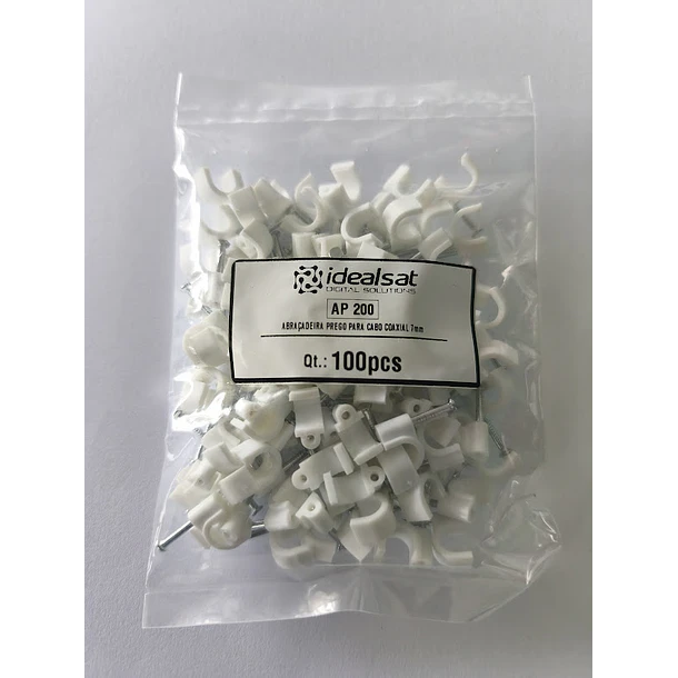 Saco com 100 Abraçadeiras de Prego para cabo coaxial 7mm Idealsat AP200  2