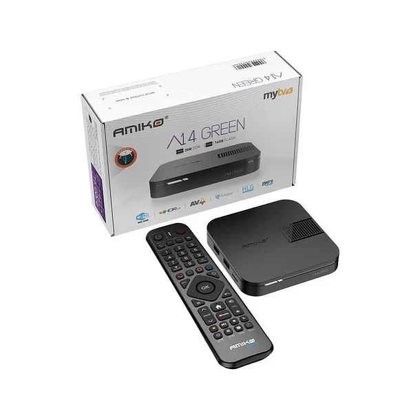 Amiko A14 Green – 2GB/16GB – Android 14 – Dual Band – IPTV 4K HDR10 AV1 1