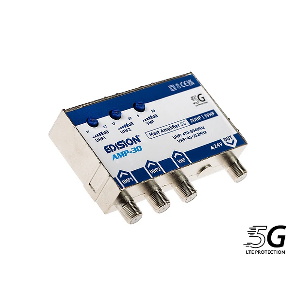 Kit amplificador de mastro EDISION MAK-300 5G 2UHF 1VHF + fonte de alimentação 24V 7