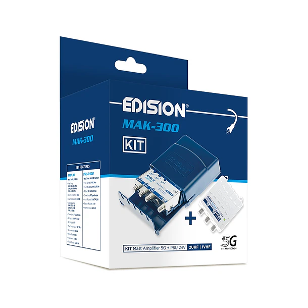 Kit amplificador de mastro EDISION MAK-300 5G 2UHF 1VHF + fonte de alimentação 24V 12