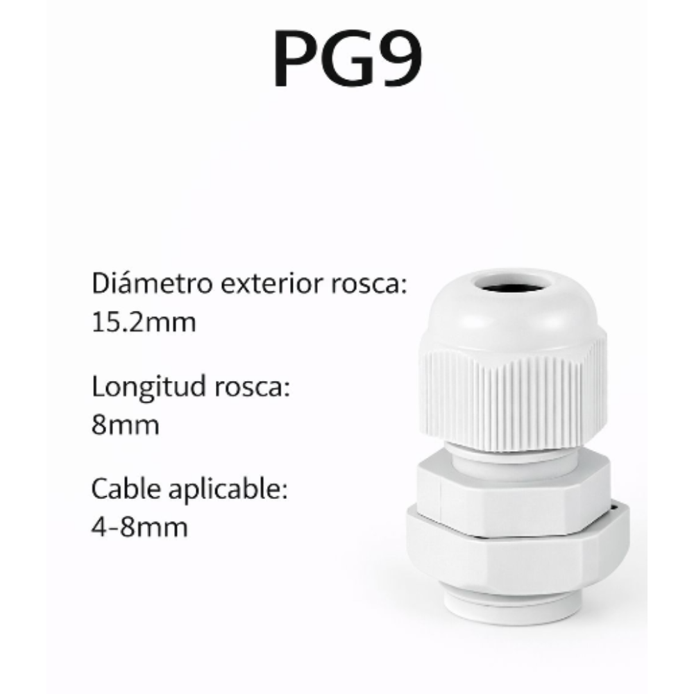  Prensa estopas plásticas - Diámetro de cable PG9	4 – 8 mm 2