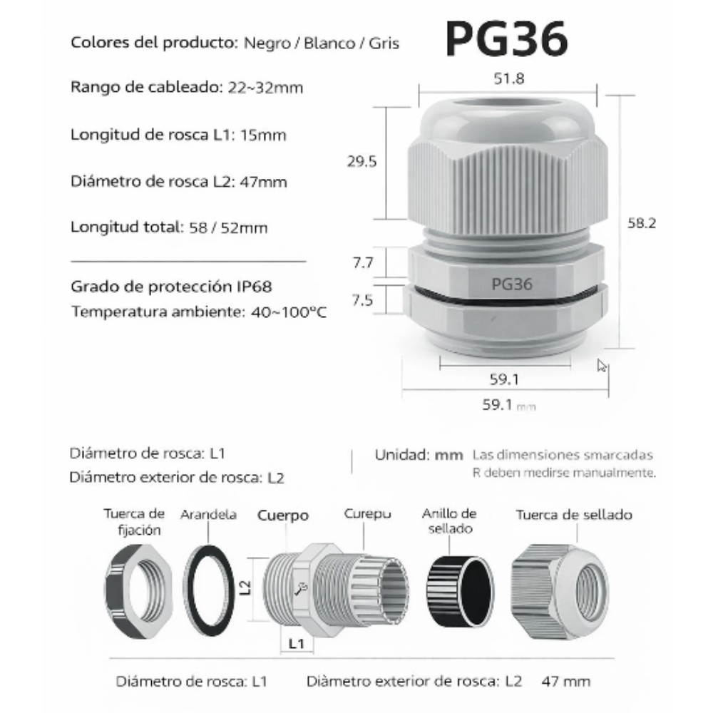  Prensa estopas plásticas - Diámetro de cable PG36-22 – 32 mm 2