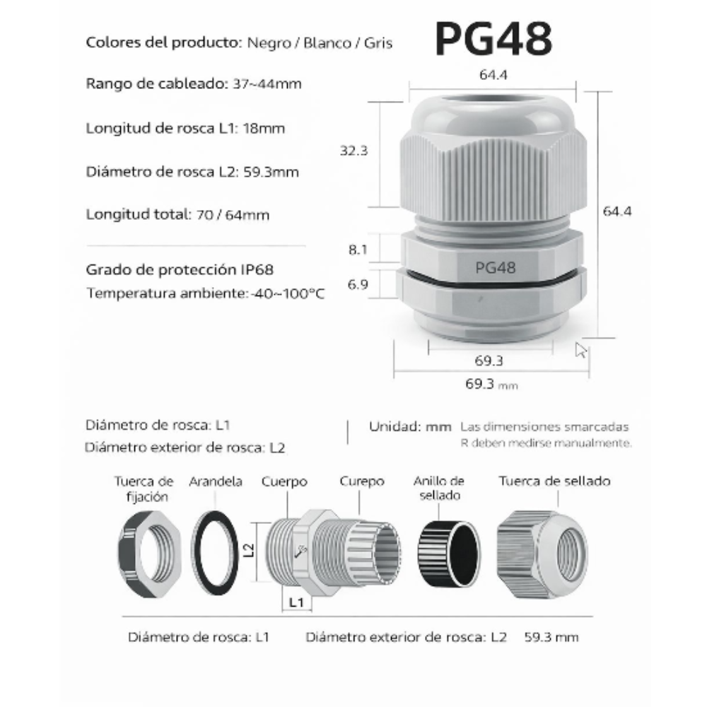  Prensa estopas plásticas - Diámetro de cable PG48 34 – 44 mm 2