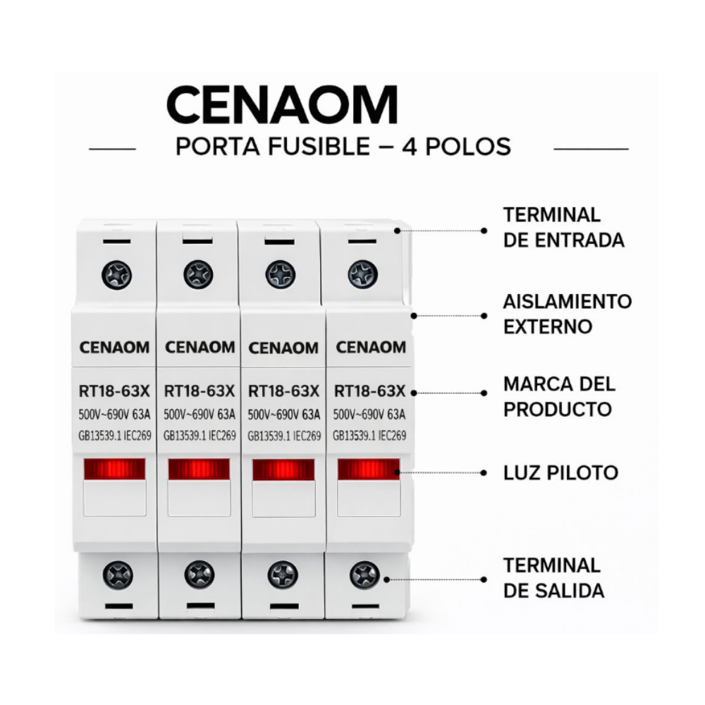 Portafusible modular con luz piloto 4 polos 10x38mm 2