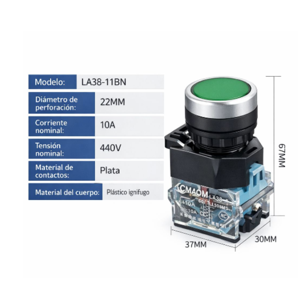 Pulsador rasante verde industrial LA38-11BN 2
