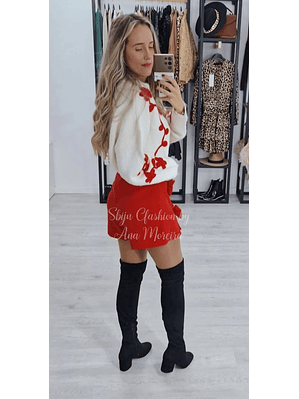 Camisola de Malha com Padrão de Flores Vermelhas - TU