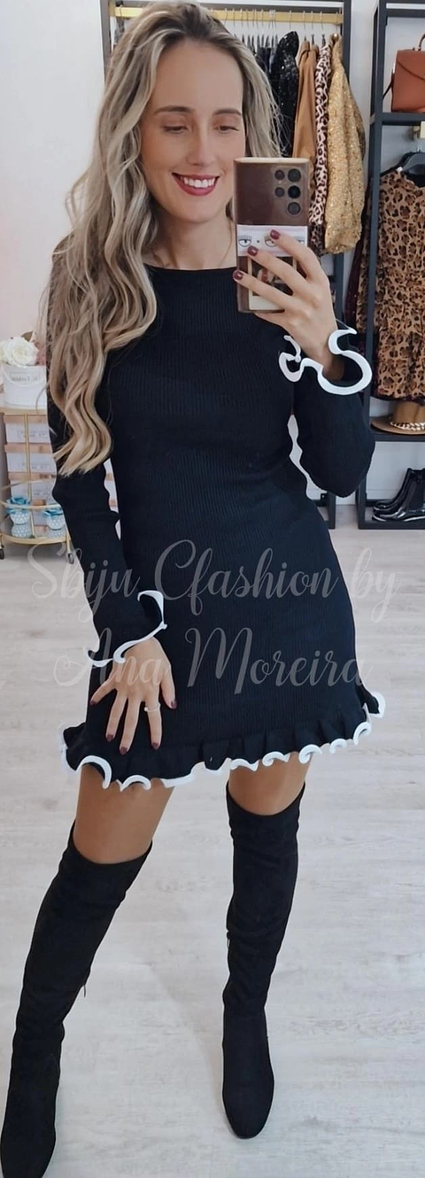 Vestido de Malha Canelada com Folho