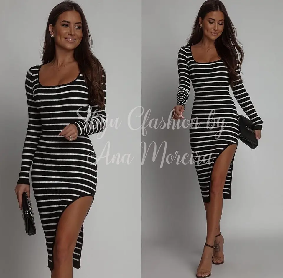 Vestido Midi às Riscas com Racha - TU 5