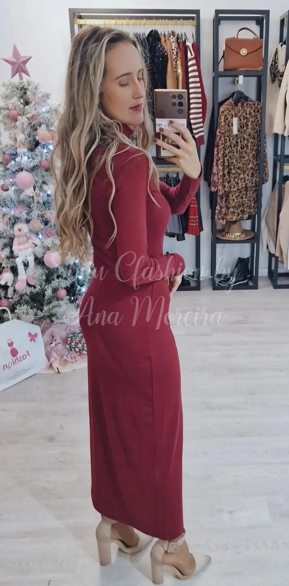 Vestido Comprido Bordô com Racha 2