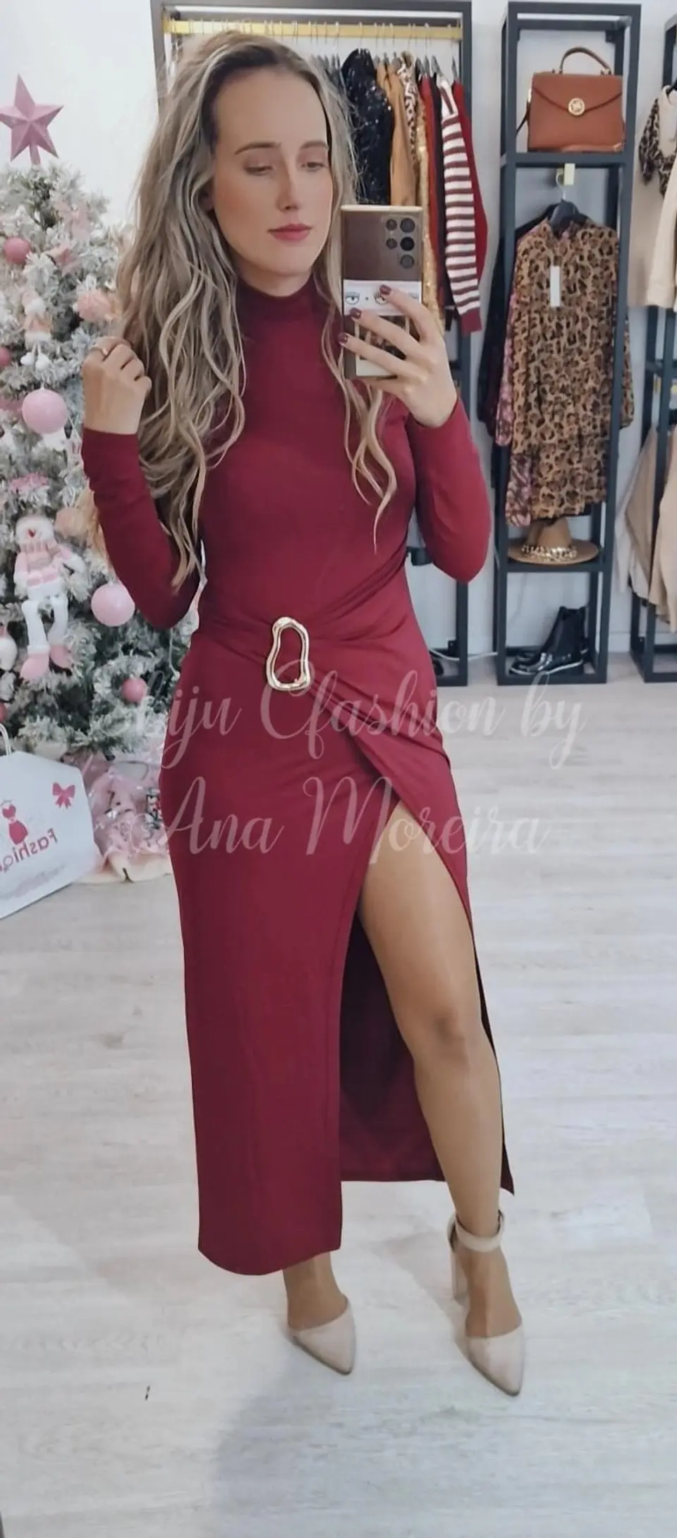 Vestido Comprido Bordô com Racha 4