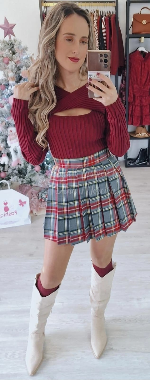 Saia-Calção com padrão Xadrez Bordô