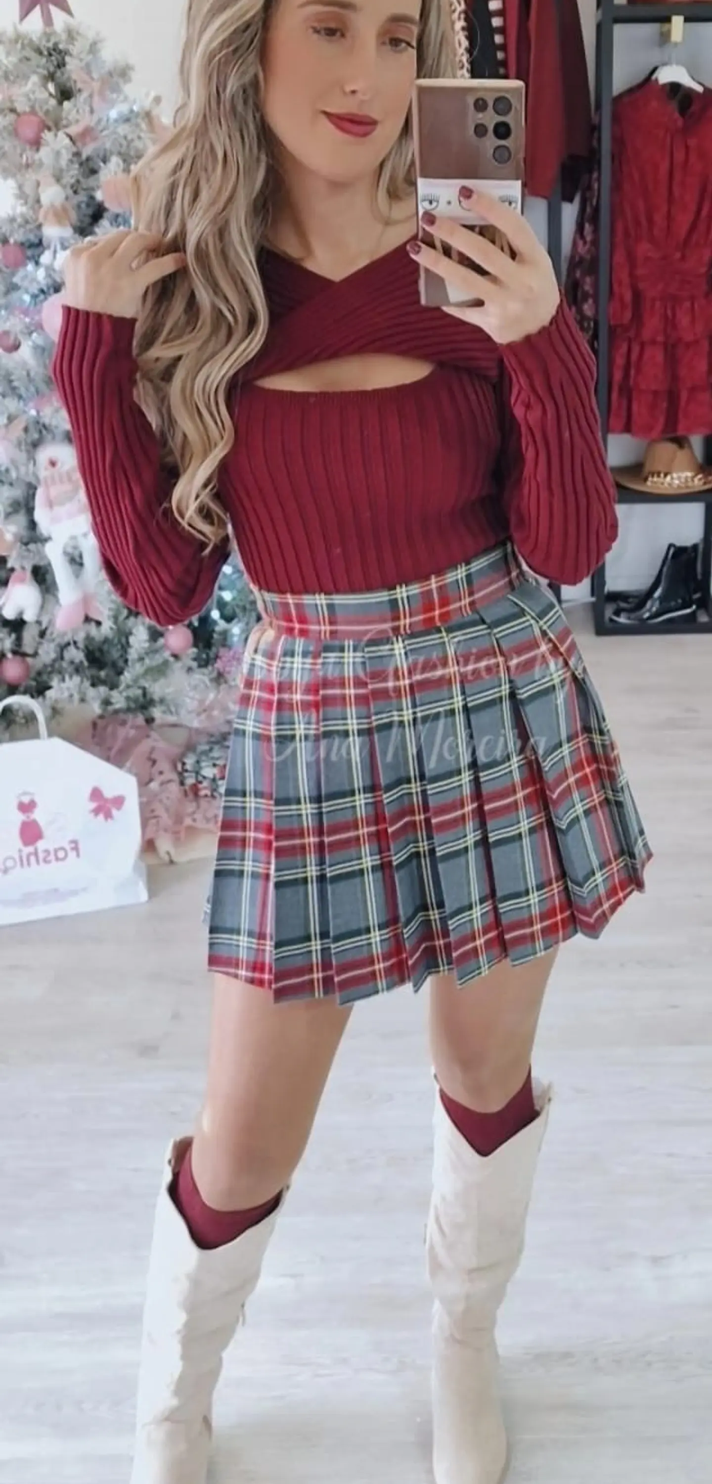 Saia-Calção com padrão Xadrez Bordô 2