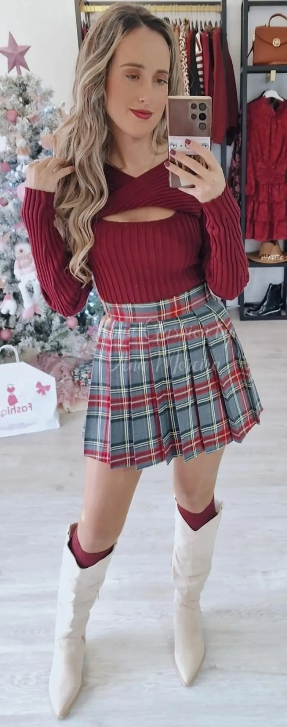 Saia-Calção com padrão Xadrez Bordô 2