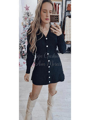 Vestido de Malha Preto com Botões em Pérolas - TU