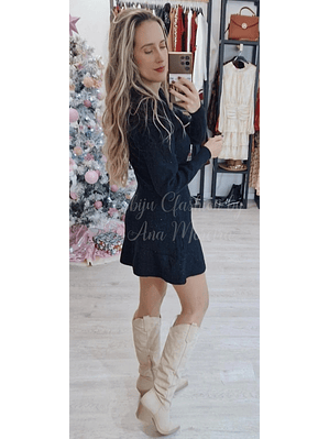 Vestido de Malha Preto com Botões em Pérolas - TU