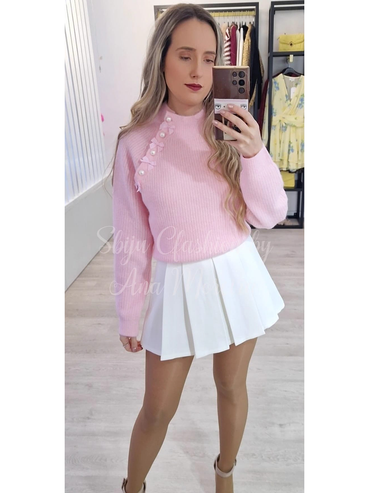 Camisola de Malha com Detalhe de Laços e Pérolas 1