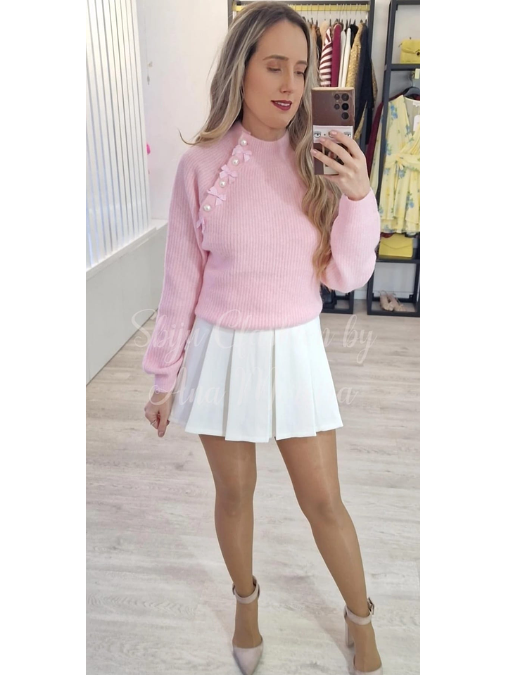 Camisola de Malha com Detalhe de Laços e Pérolas 4