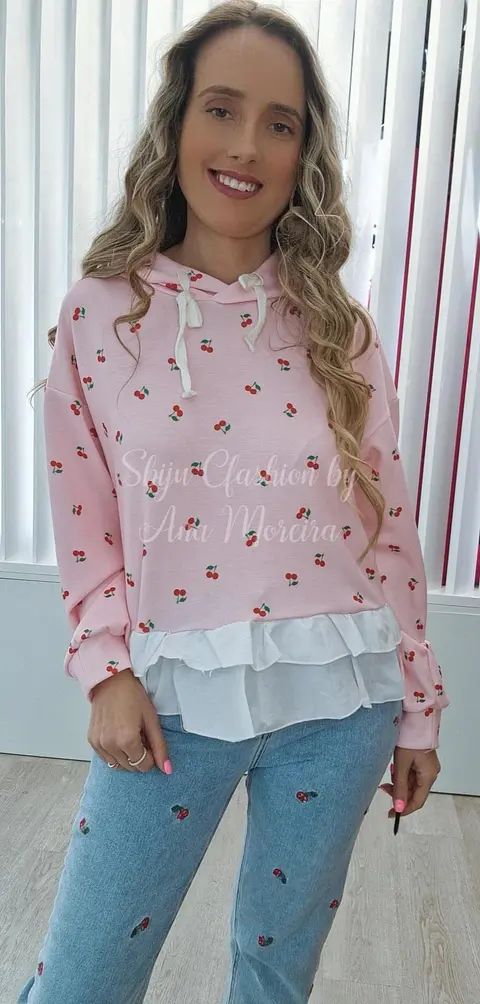 Camisola com Folho e Estampado de Cerejas