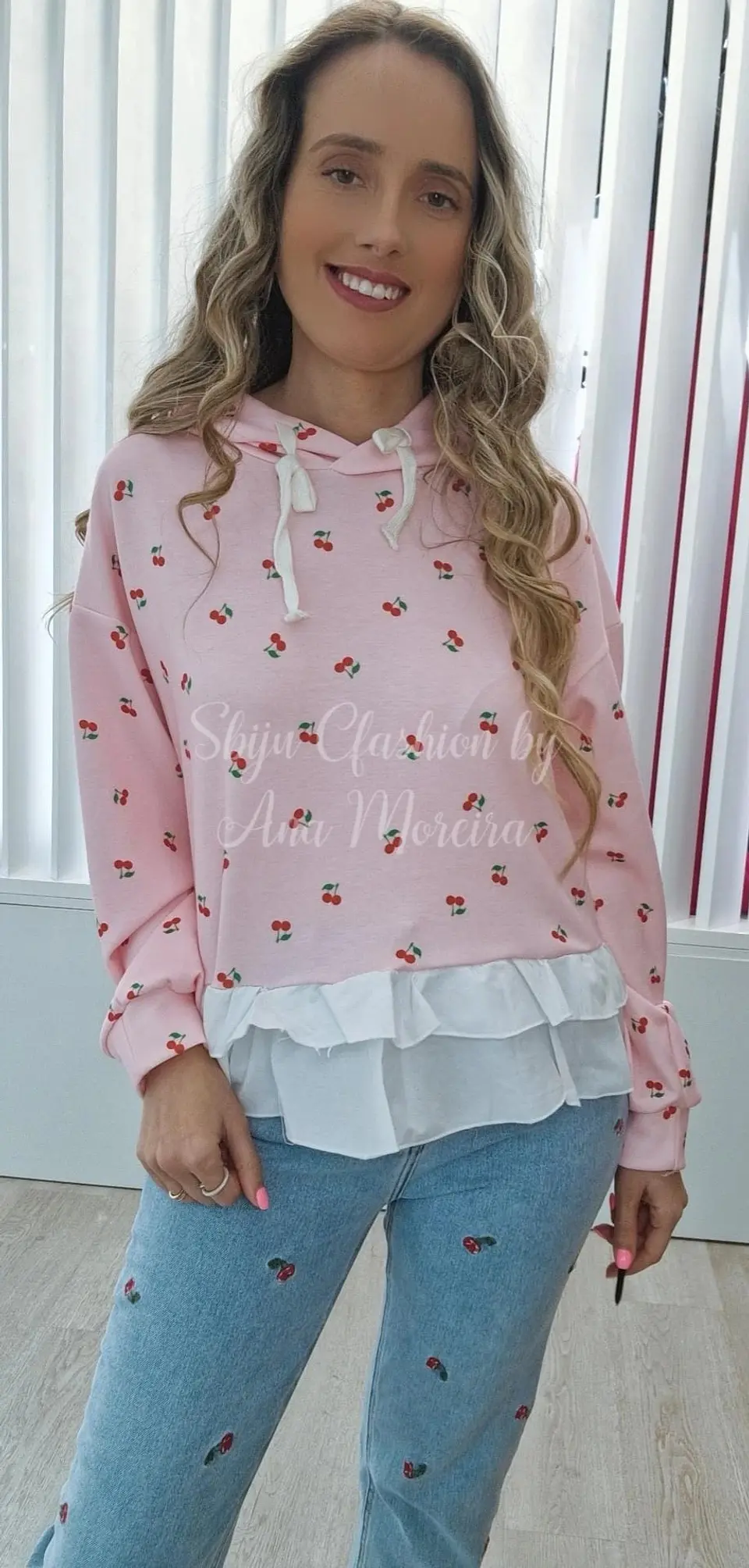 Camisola com Folho e Estampado de Cerejas 1
