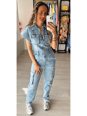 Macacão de Ganga com Bolsos - Push-Up