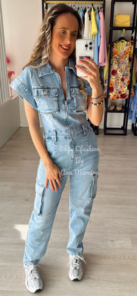 Macacão de Ganga com Bolsos - Push-Up