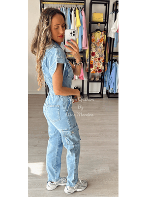 Macacão de Ganga com Bolsos - Push-Up