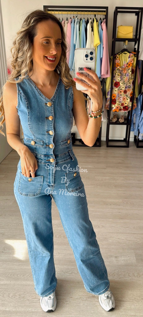 Macacão de Ganga Push-Up com Botões Dourados