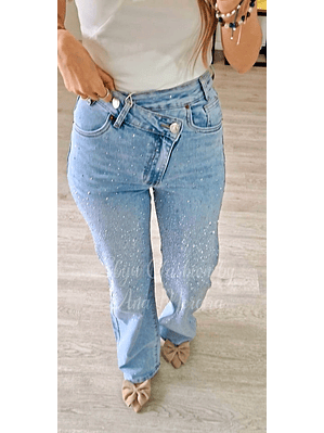 Calça de Ganga com Cintura Cruzada e Brilhantes