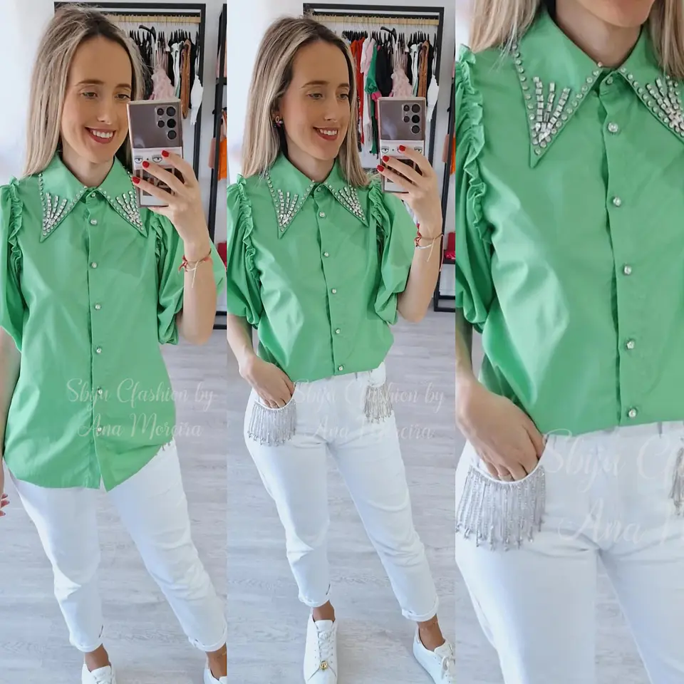 Camisa com Mangas em Balão e Detalhe de Brilhantes –  3