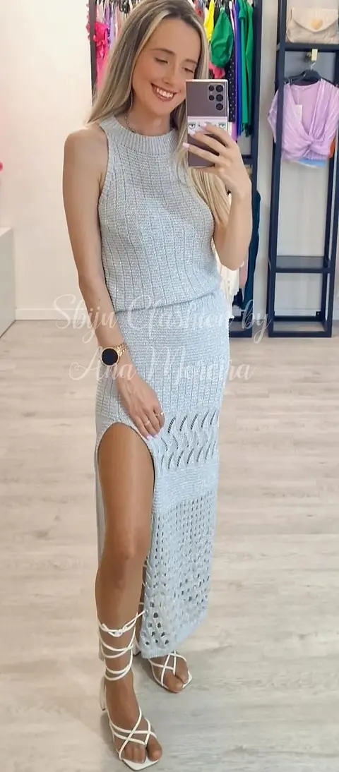 Conjunto Prateado – Top e Saia Comprida
