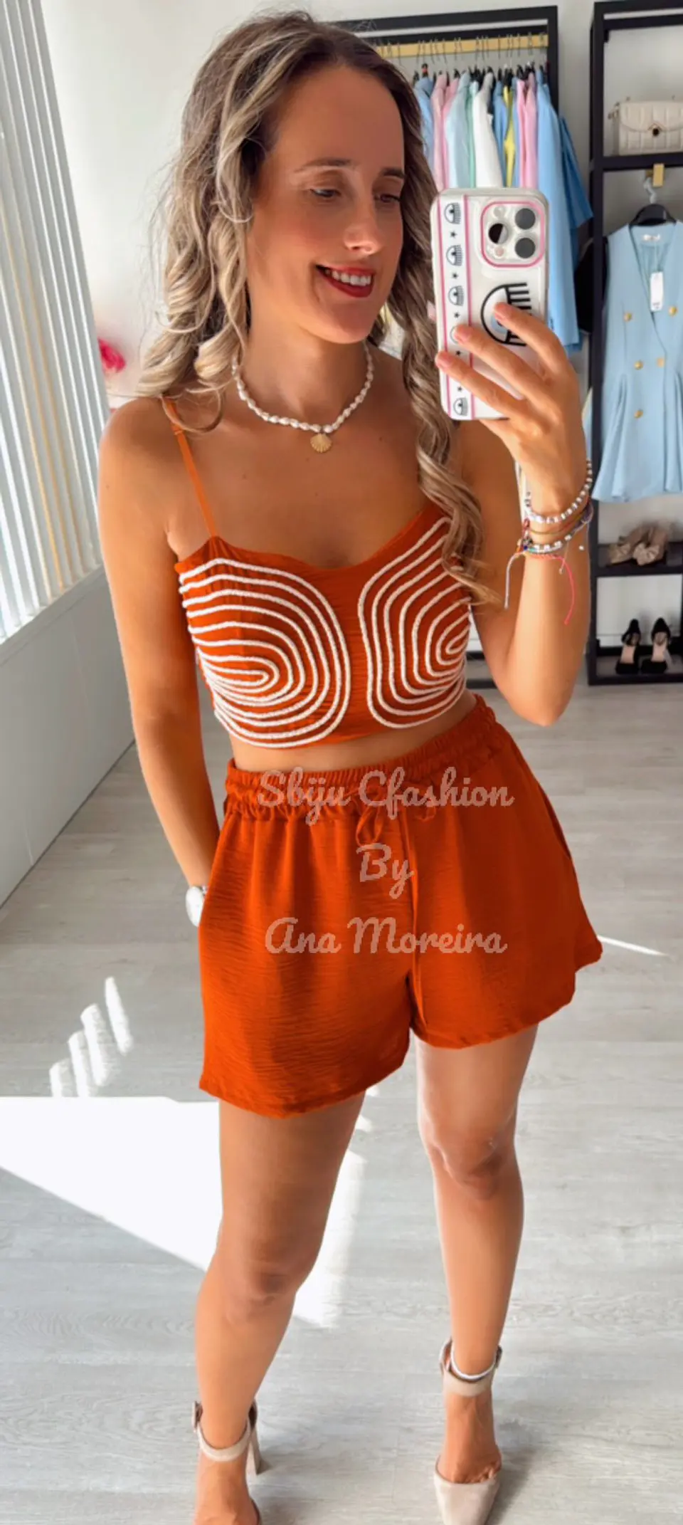 Conjunto de calção e top com efeito de corda 8