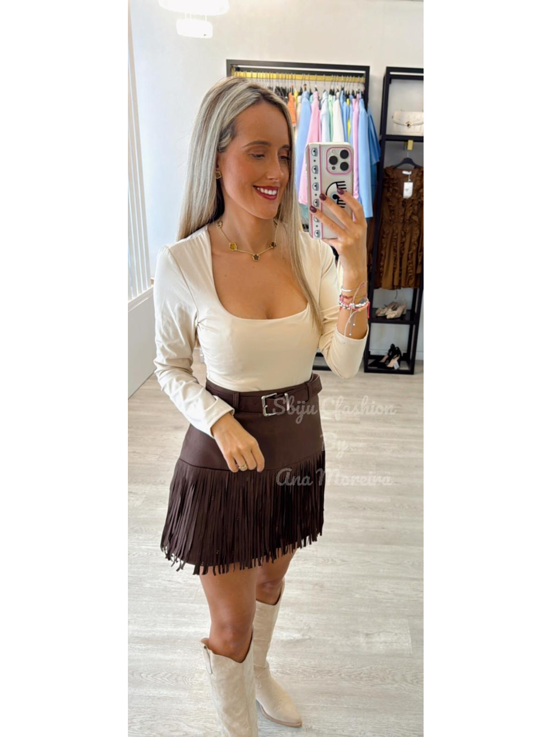 Saia em Pele de Pêssego com Franjas 3