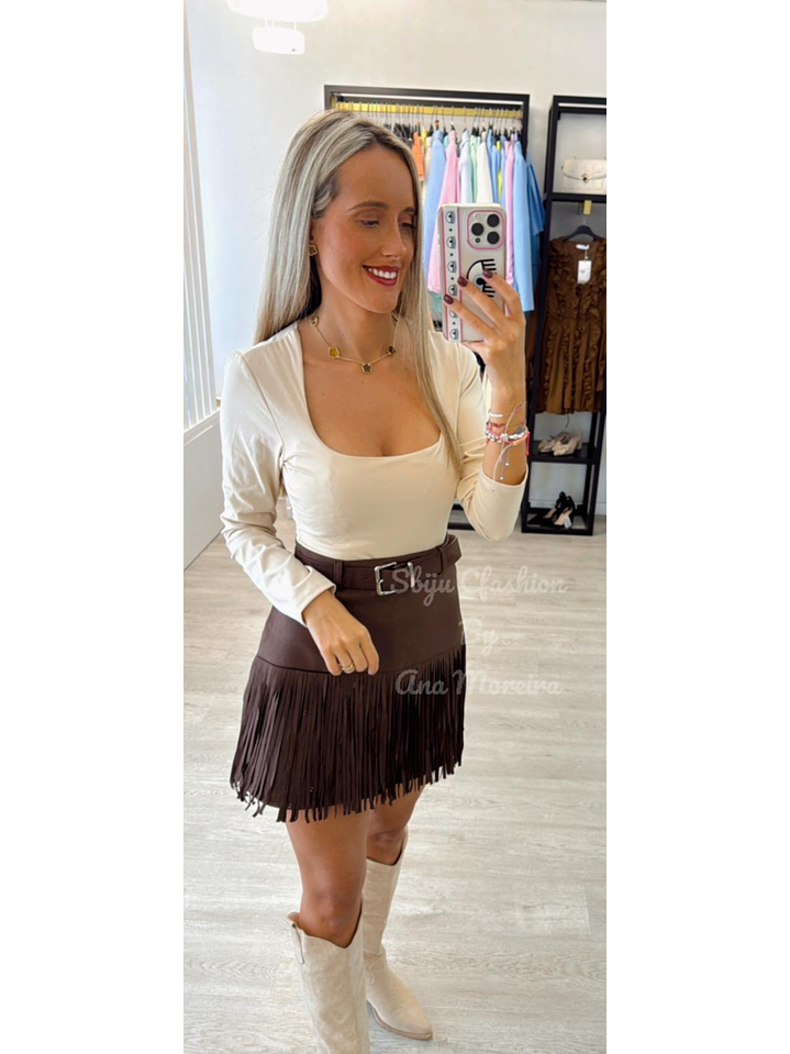 Saia em Pele de Pêssego com Franjas 3