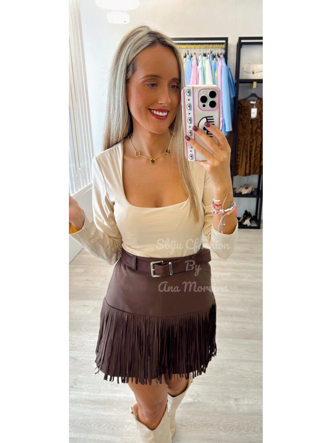 Saia em Pele de Pêssego com Franjas 4