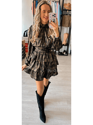 Vestido com Folhos Preto e Dourado