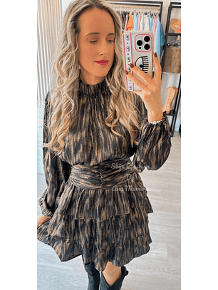 Vestido com Folhos Preto e Dourado