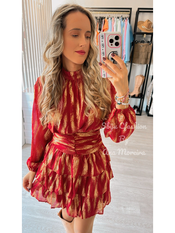 Vestido com Folhos e Detalhes Dourados 2